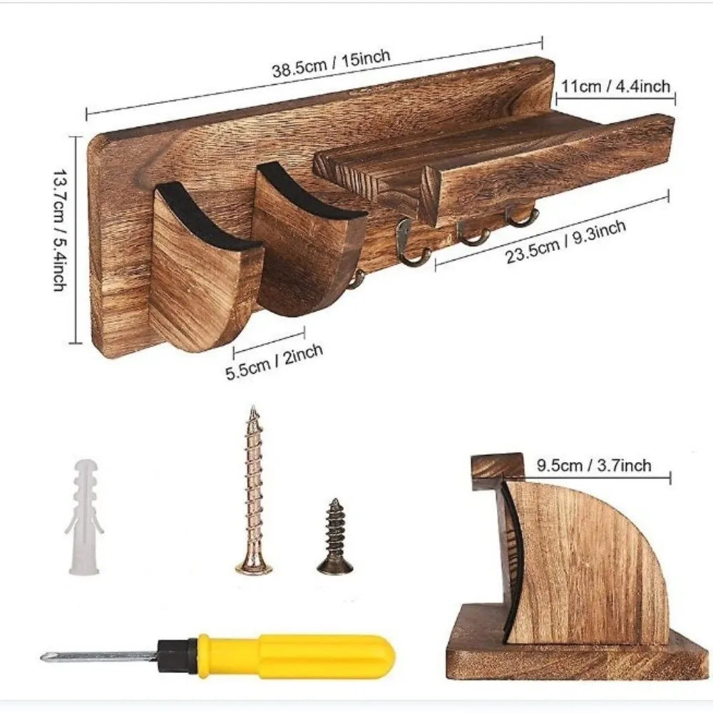 Wooden Guitar Wall Mount Hanger – Pick Holder & 3 Hooks