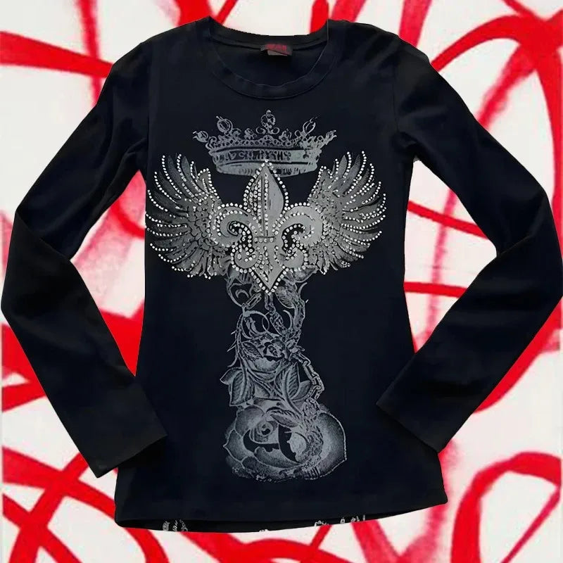 Y2K Gothic Harajuku Diamond Print Long Sleeve T-Shirt