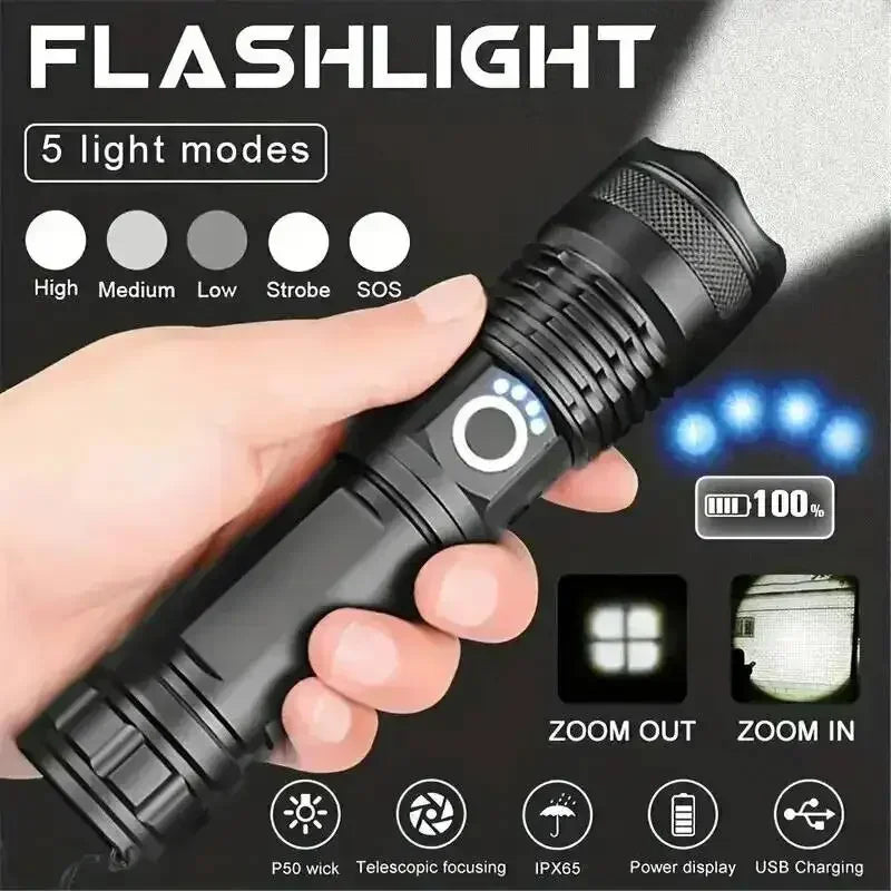 SAMMY XHP50 LED Flashlight 90000LM Zoomable USB Rechargeable Torch