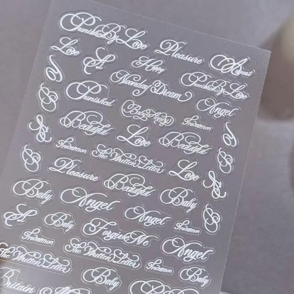 3D Embossed Letter Nail Stickers – Black & White Art Decals