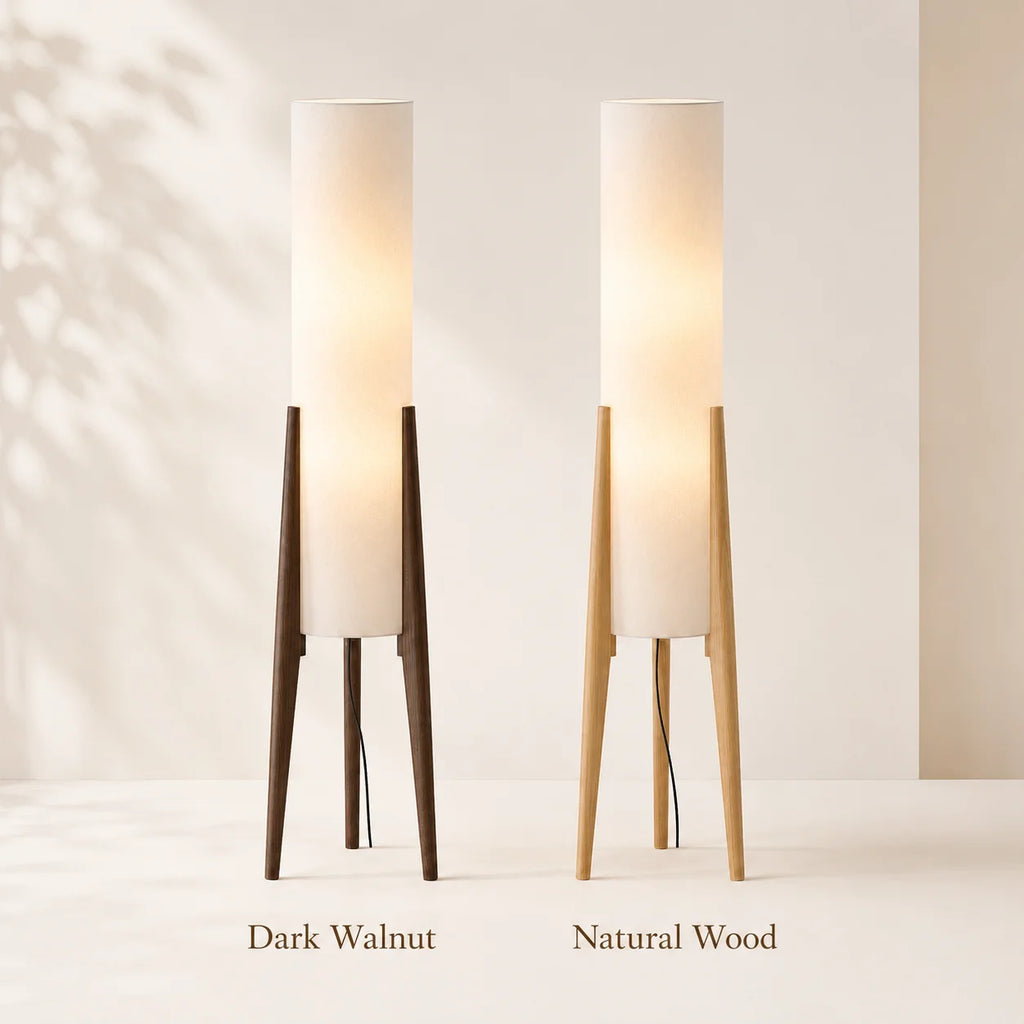 Walnut Wood Floor Lamp | Fabric Shade Warm Standing Light