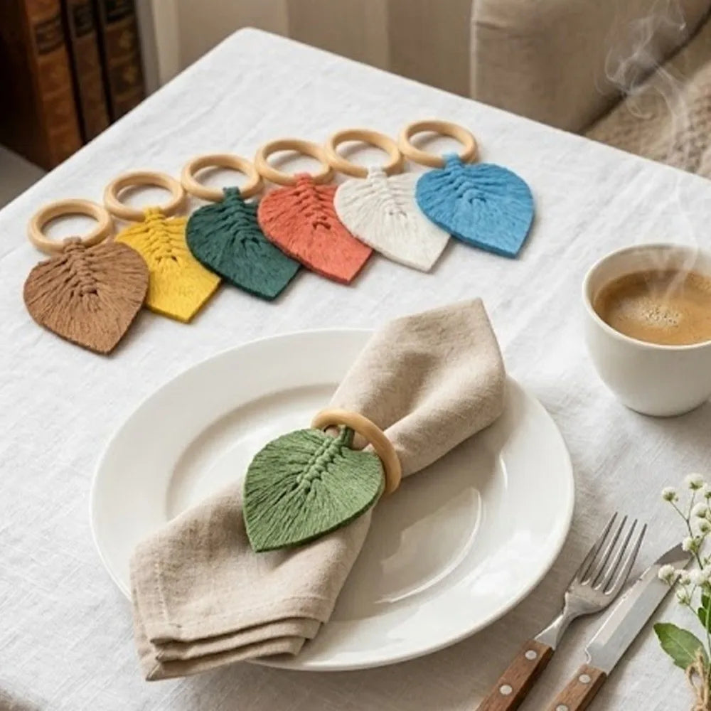 Macrame Leaf Napkin Rings – Boho Woven Holders, Set of 2