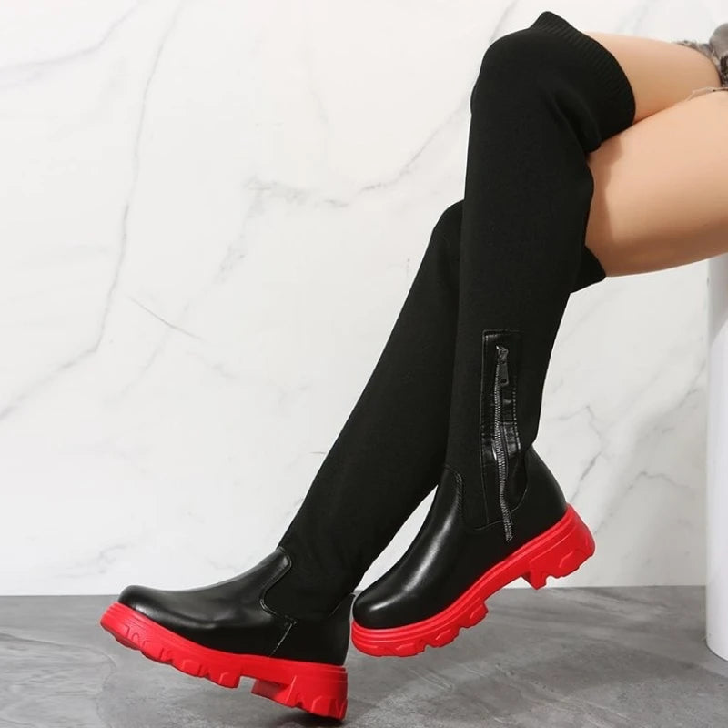 LEDP Women's Over-The-Knee Stretch Platform Sock Boots