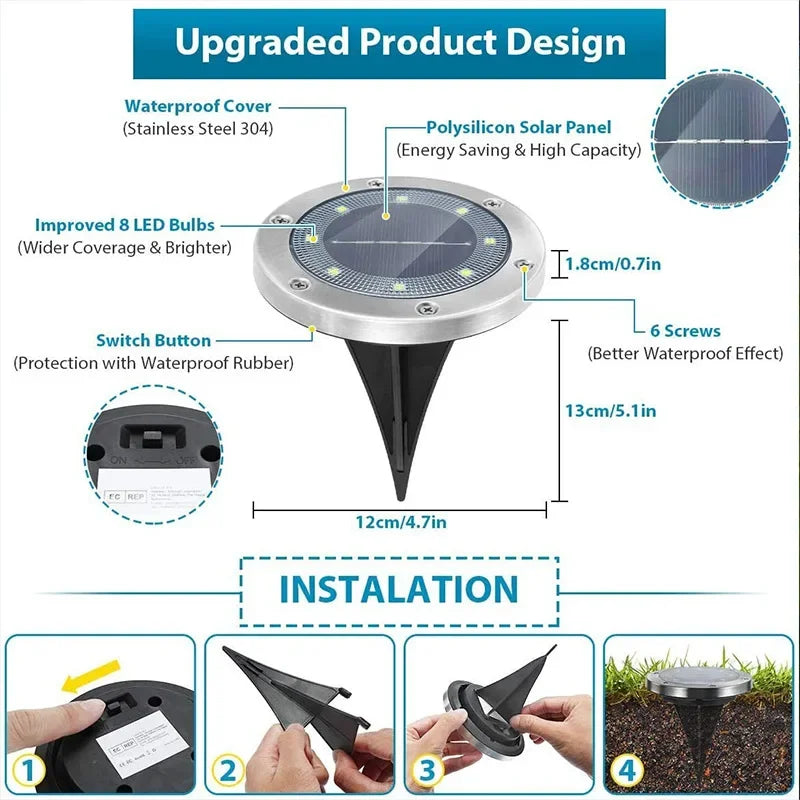 Solar LED In-Ground Garden Lights – IP65 Waterproof, 12 LEDs