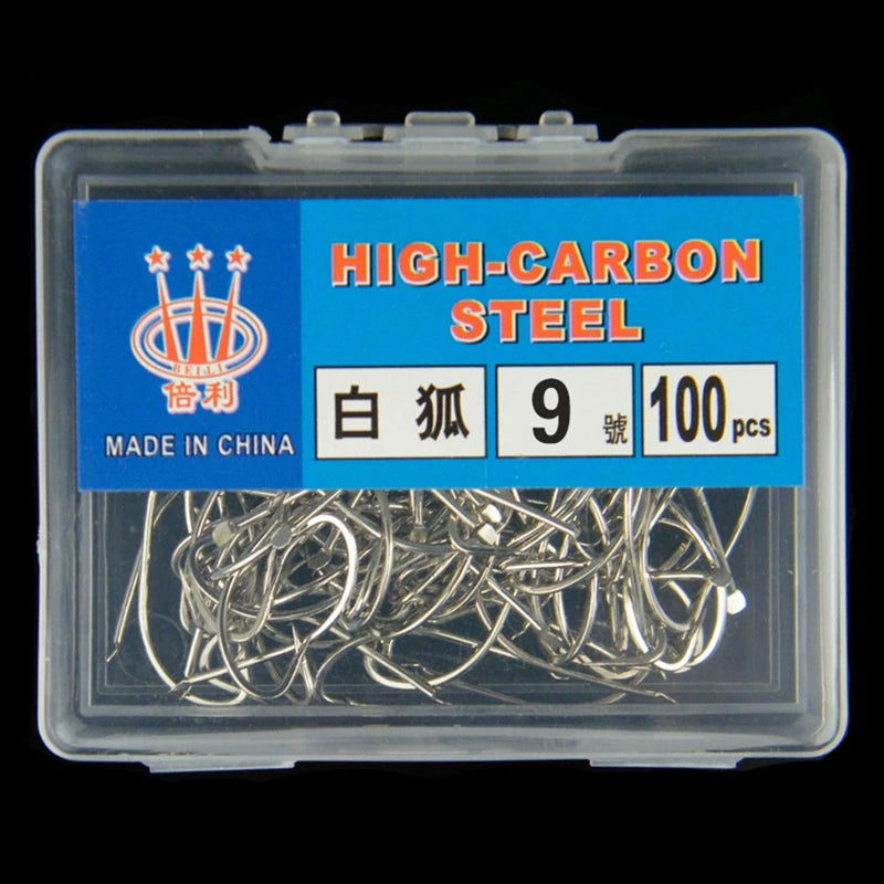 100-Pack Barbed Fishing Hooks – High Carbon Steel Boxed