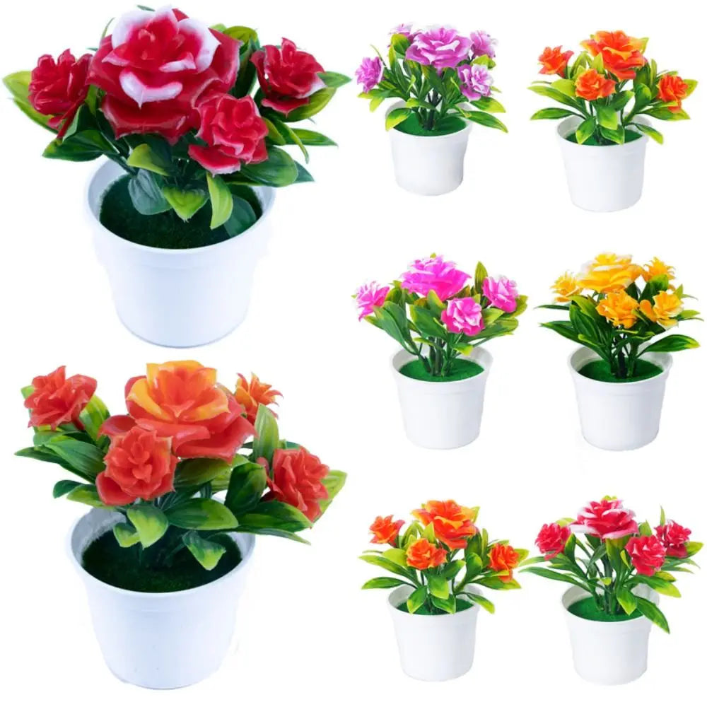 Multicolor Artificial Rose Bonsai – Potted Simulation Flower Decor