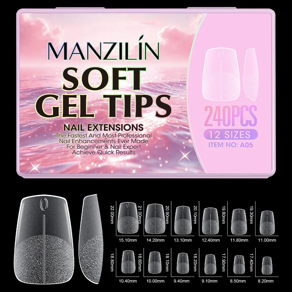 240Pcs Short Almond Soft Gel Nail Tips – 12 Sizes Full Cover