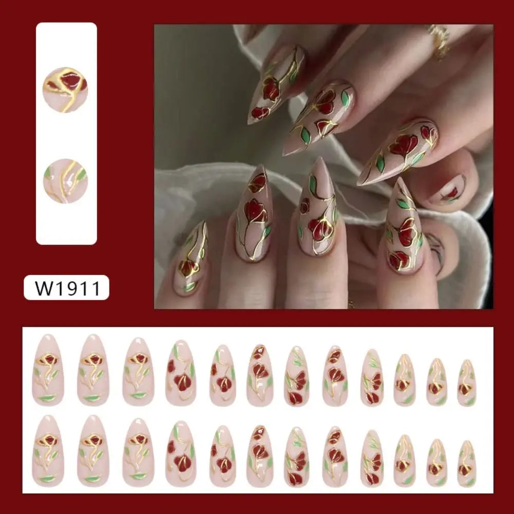 24-Pack Long Almond False Nails – Star Moon Cat Eye French Tips