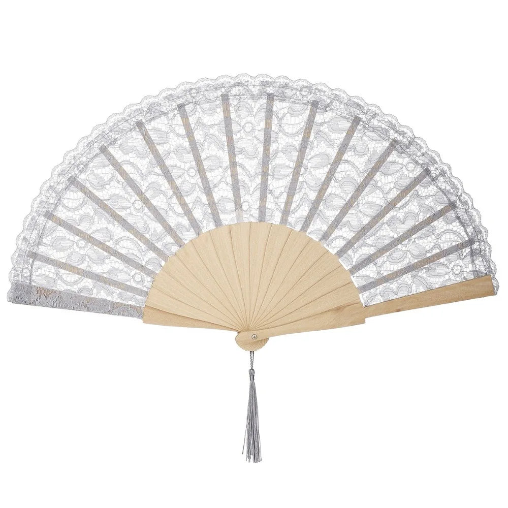 Vintage Chinese Lace Folding Fan – Flower Tassel Wood Hand Fan