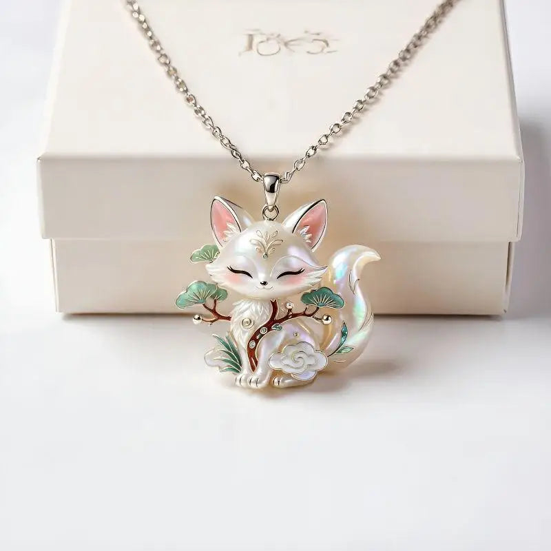 Nine-Tailed Fox Enamel Pendant Necklace | Chinese Mythology