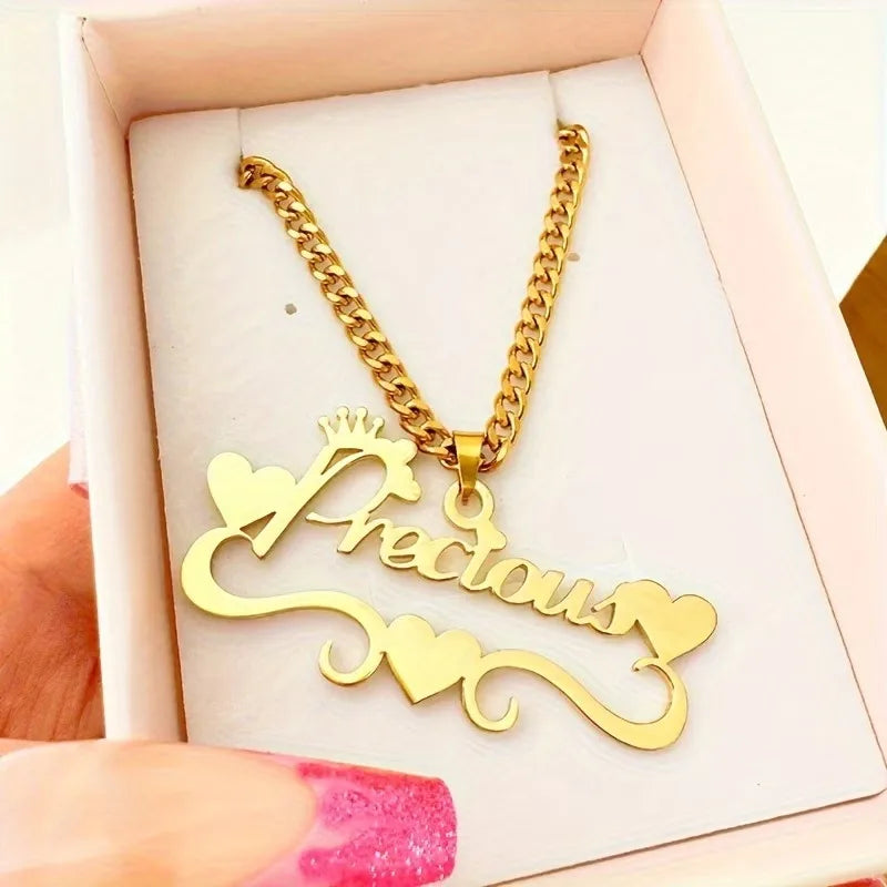 Custom Name Necklace Gold Plated – Heart Crown Pendant