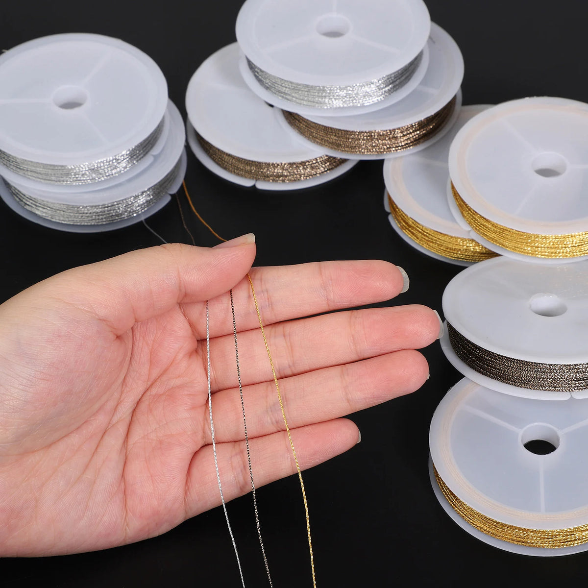 Polyester Jewelry Cord 0.4mm | 10M Golden Silver Thread Spool