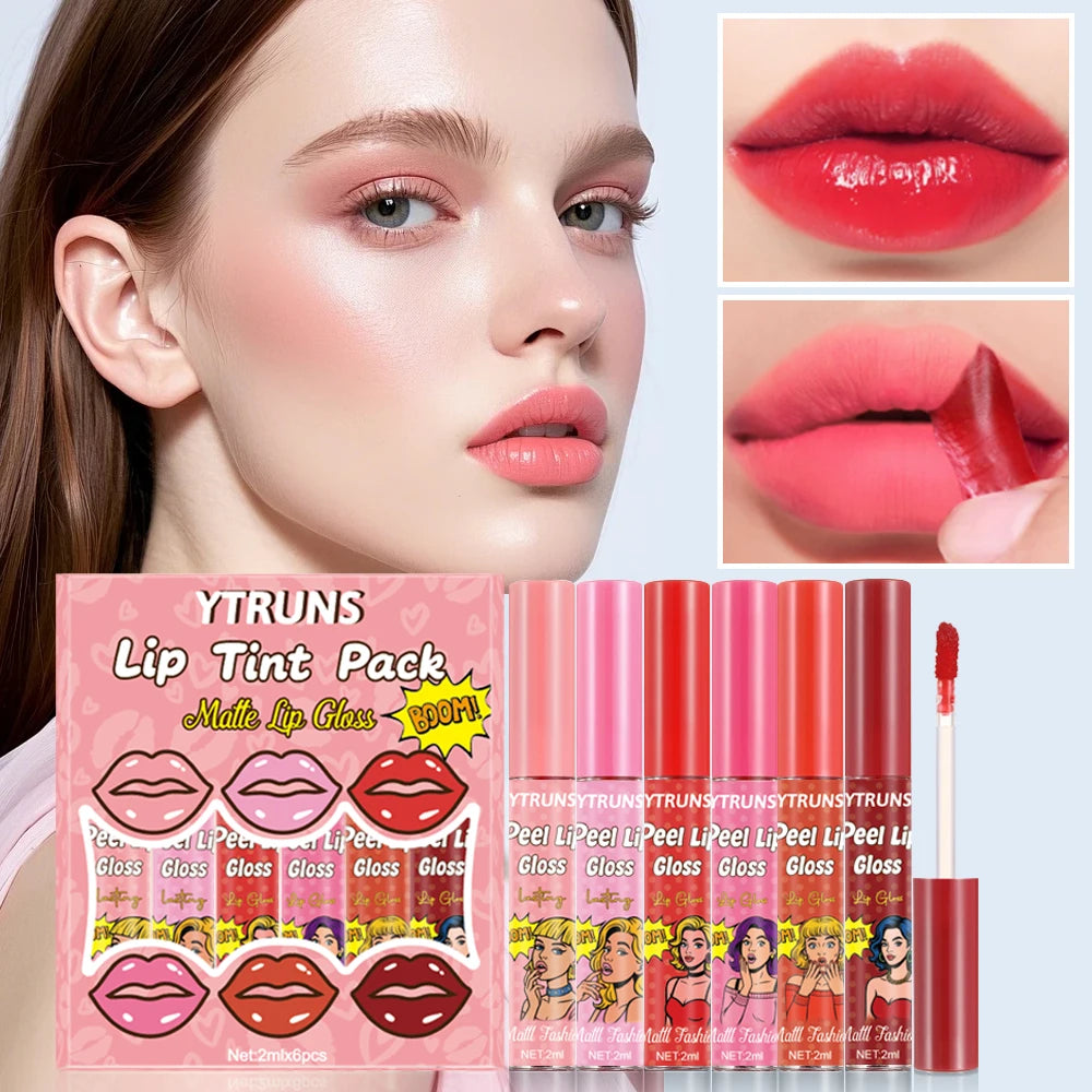 YTRUNS 6-Color Liquid Lip Gloss Set – Waterproof Peel-Off Tint