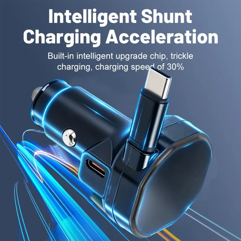 60W USB-C Car Charger with Retractable Cable & Dual Ports