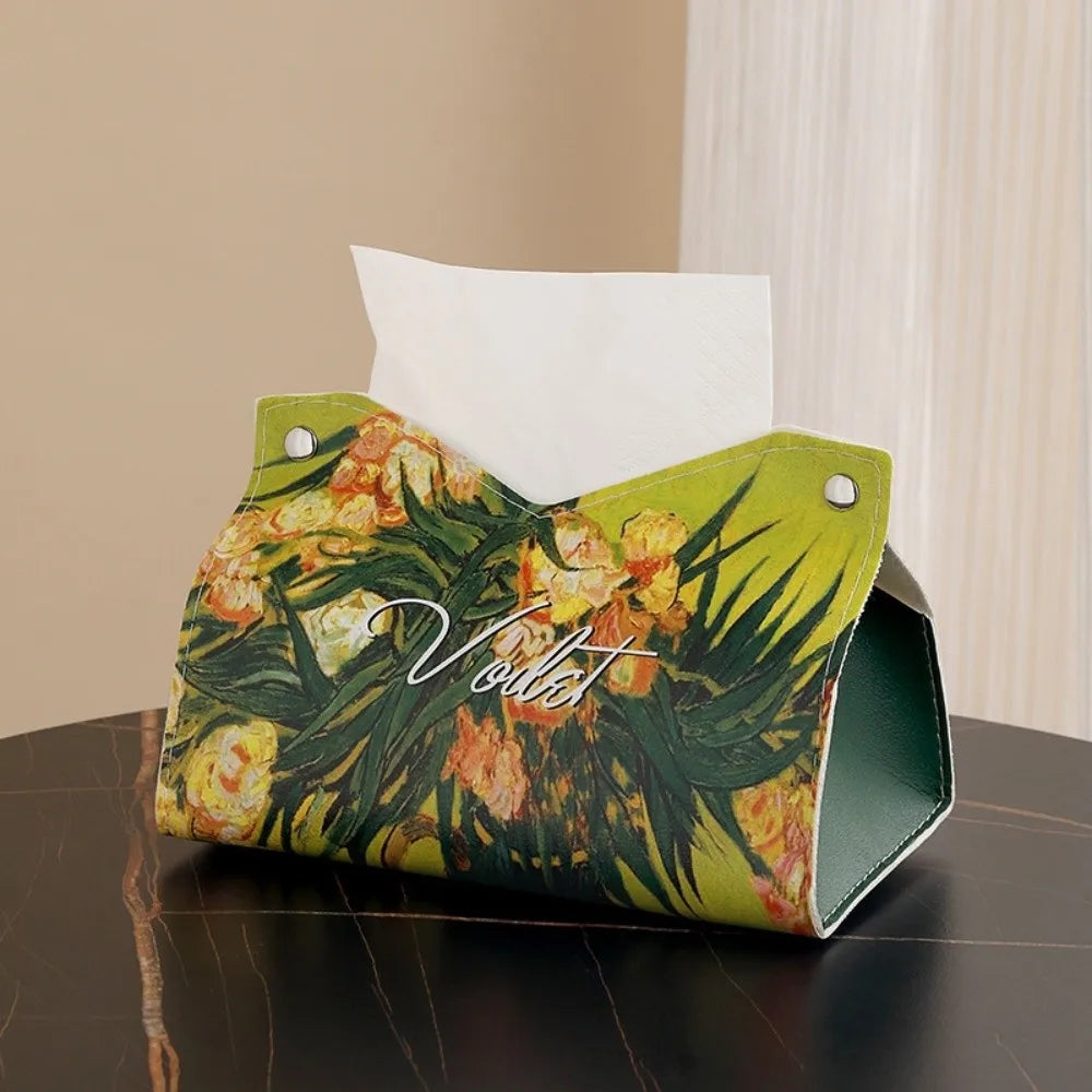 Vintage PU Leather Tissue Box Cover – Oil Painting Decor