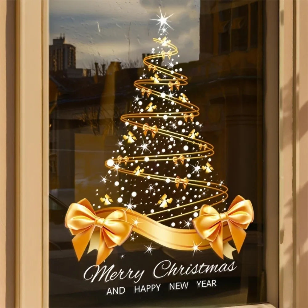 Golden Christmas Tree Window Decals – PVC Self-Adhesive Clings