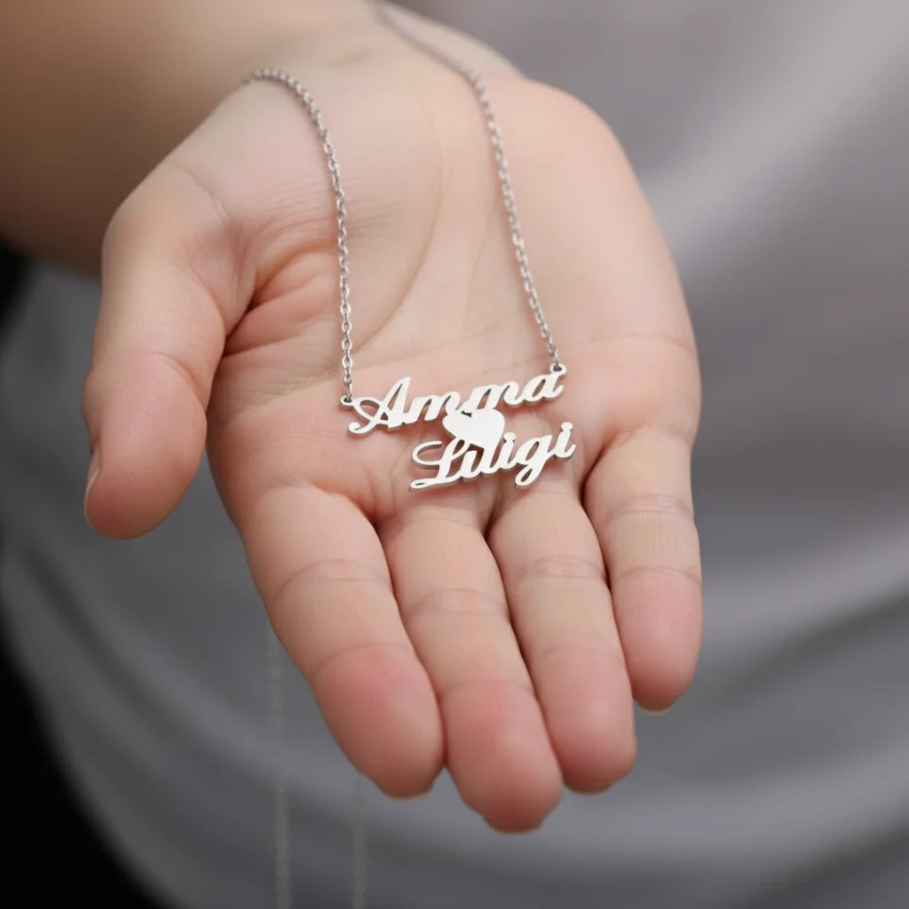 Custom Double Name Pendant Necklace – 18K Gold Plated Steel