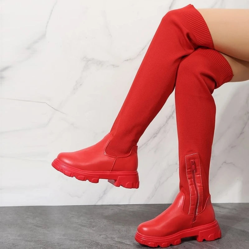 LEDP Women's Over-The-Knee Stretch Platform Sock Boots