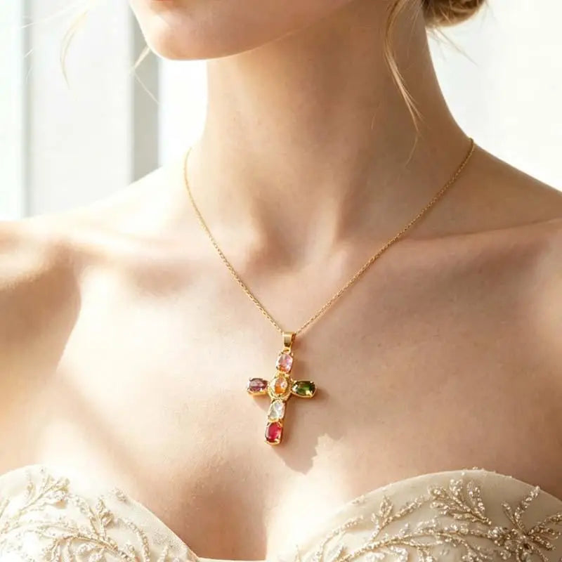 Y2K Colorful Zirconia Cross Pendant Necklace | Crystal Choker