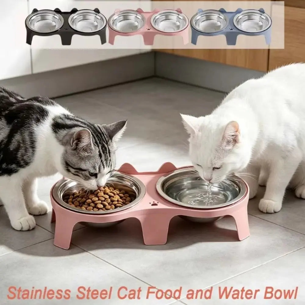 Raised Double Cat Bowl Set – Stainless Steel & Plastic Stand