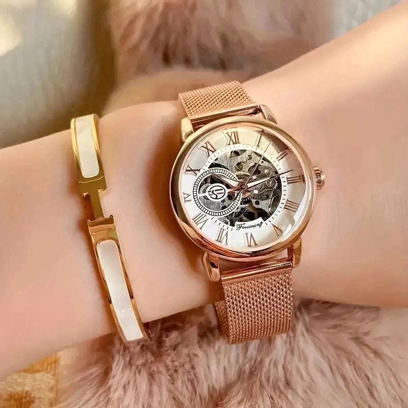 Women's Rose Gold Mechanical Watch – Mesh Band & Roman Dial