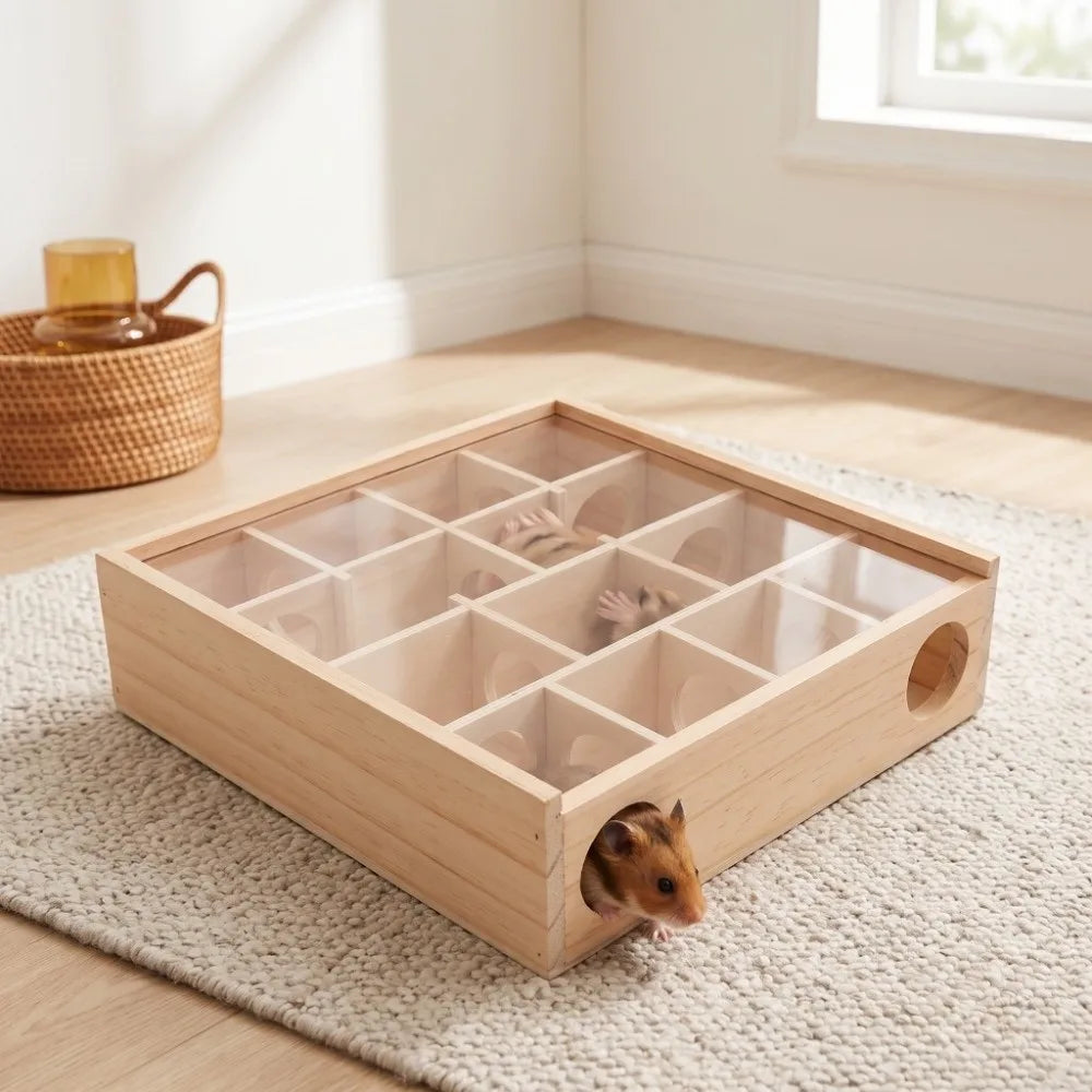 Wooden Hamster Tunnel Maze with Clear Panel – 25×25cm