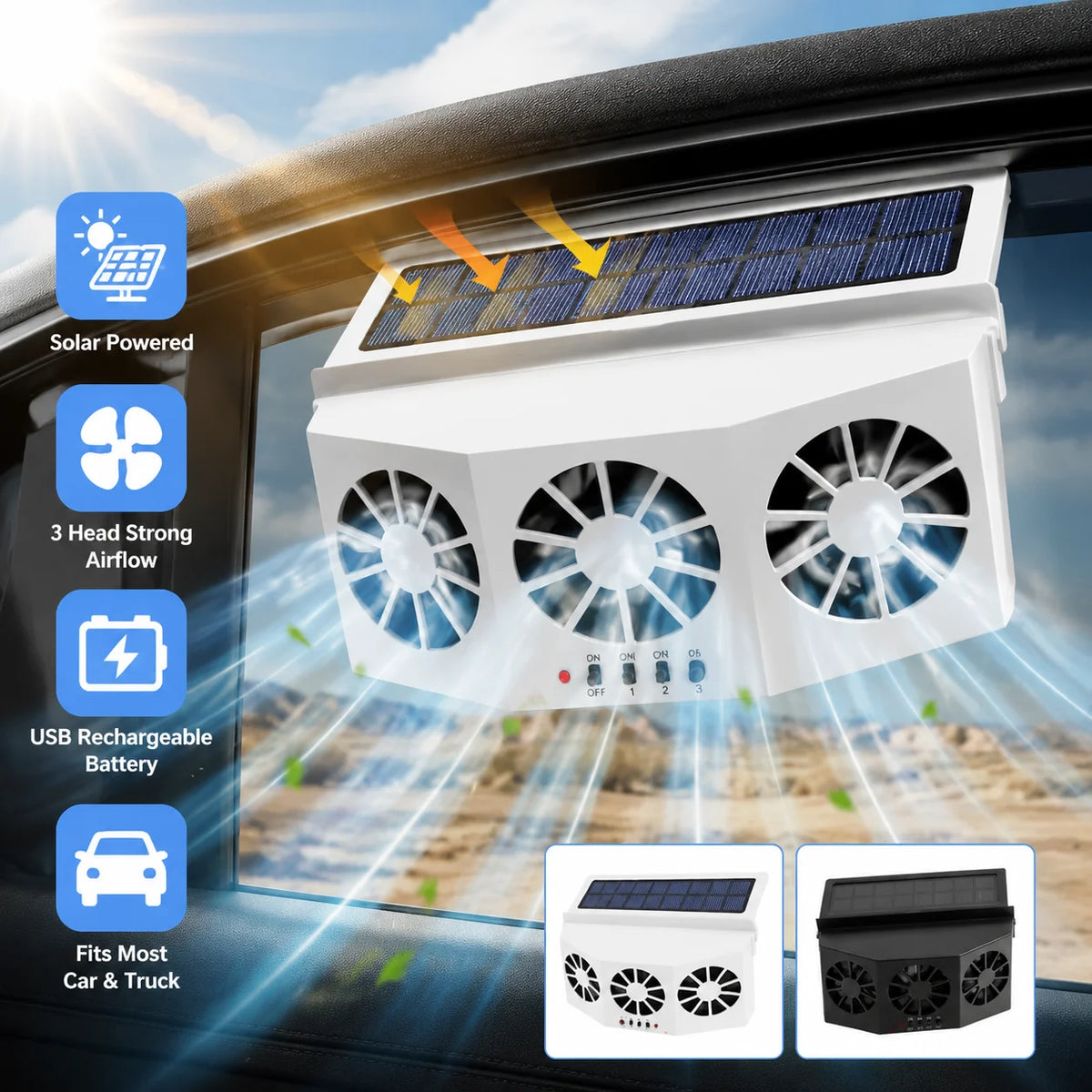 Solar Car Exhaust Fan – 3-Head USB Window Ventilation Fan