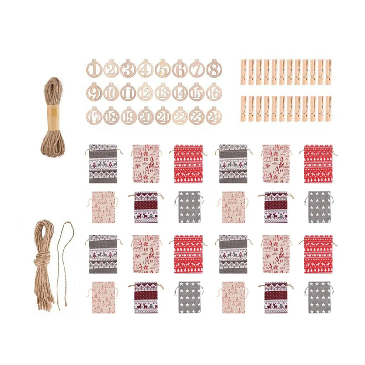 24-Pc Christmas Advent Calendar Burlap Bags with Clips