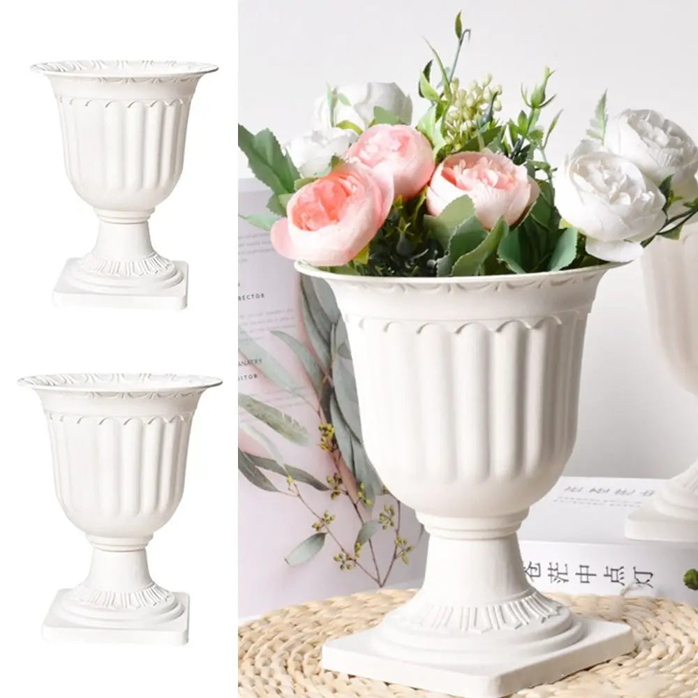 Roman Pedestal Flower Vase Planter – White Plastic Set of 2