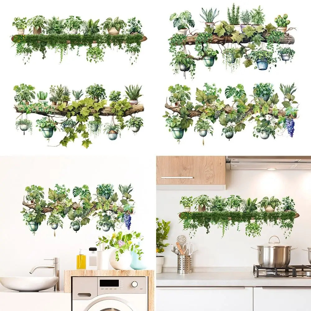Green Vine Leaf Wall Sticker – Botanical PVC Decal | Hanging Basket