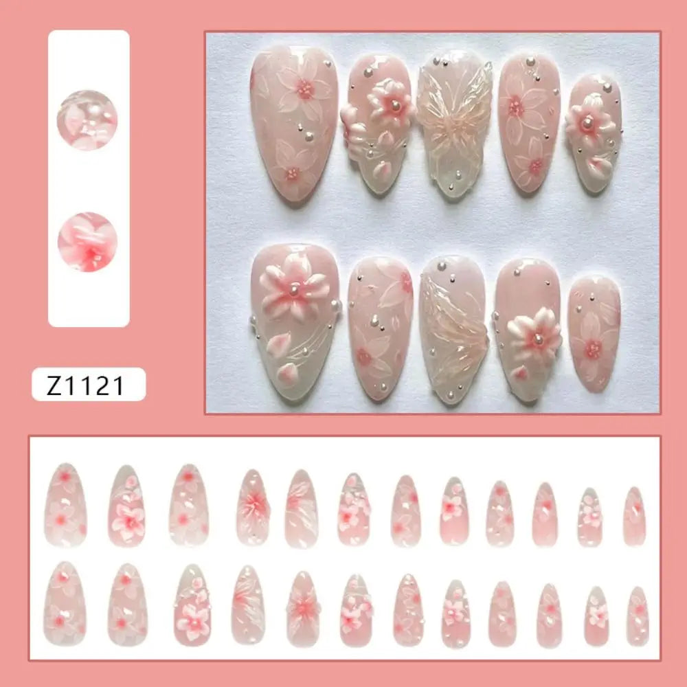 24-Piece Almond Press On Nails – Misty Blue Floral French Style