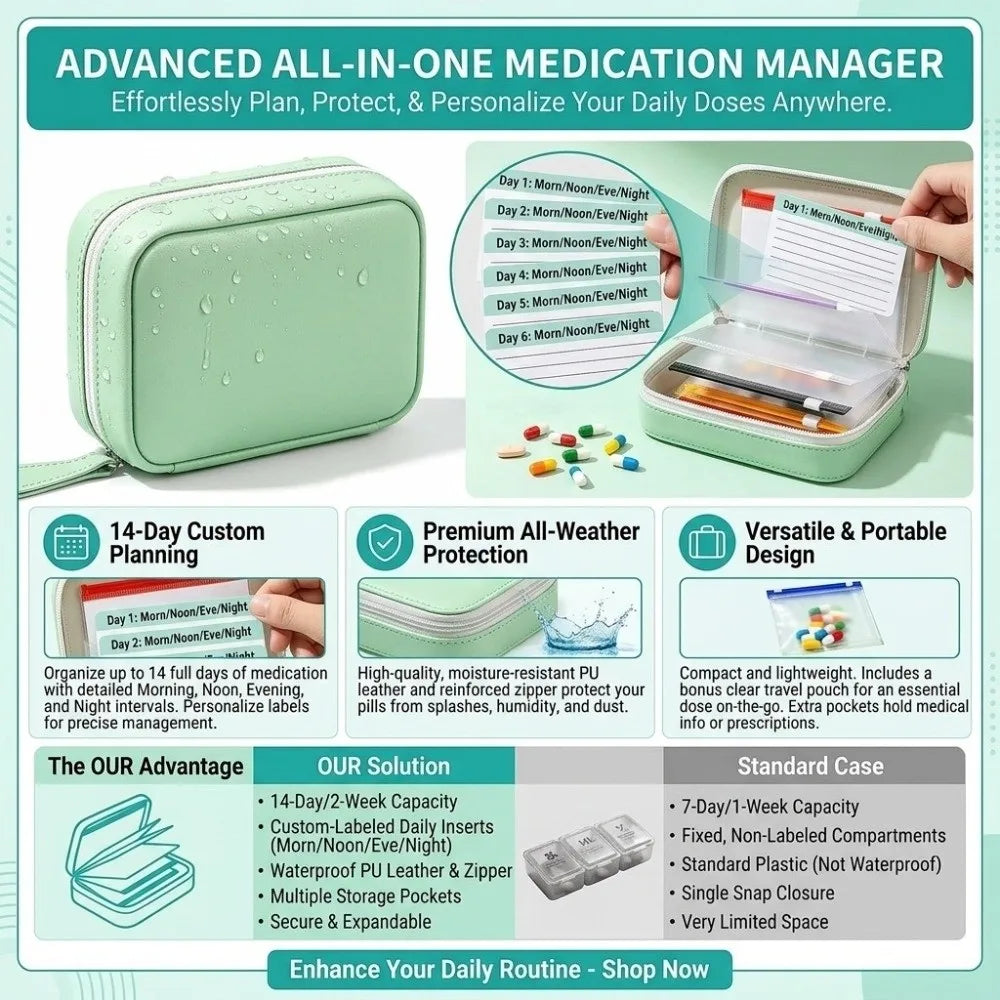 BPA-Free Weekly Pill Organizer – 14 Zippered Pouches Travel Case