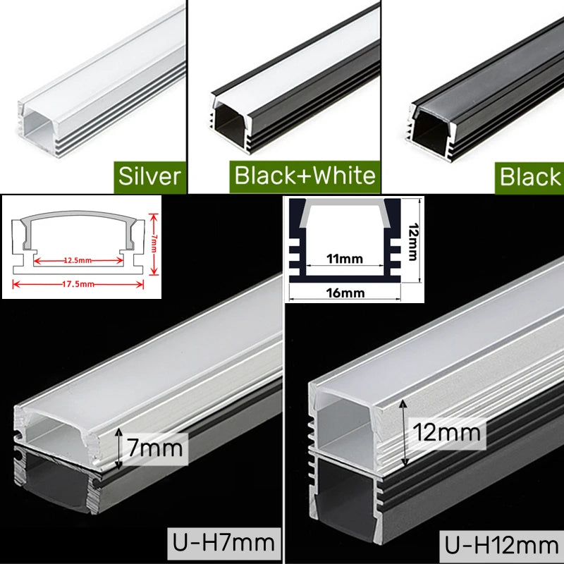 U-Shape LED Aluminum Profile Channel 50cm – Black/Milky Cover