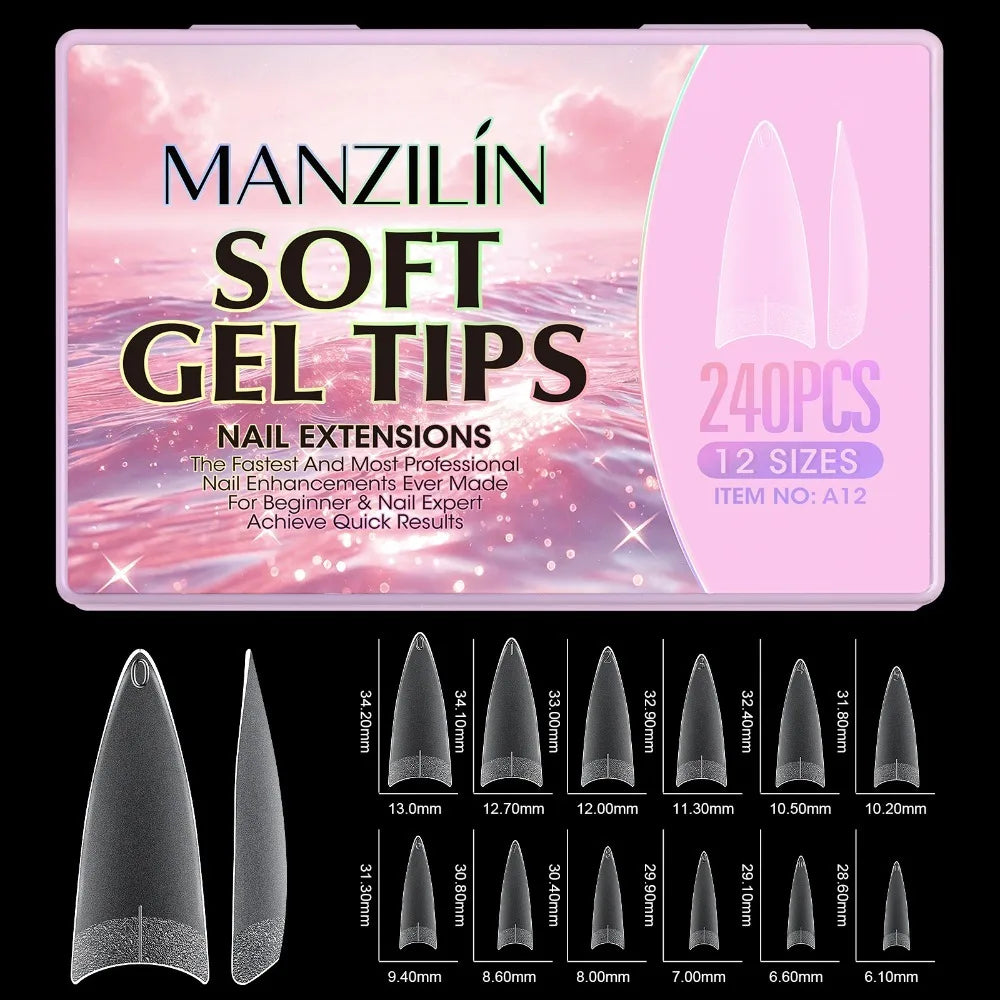 240Pcs Short Almond Soft Gel Nail Tips – 12 Sizes Full Cover