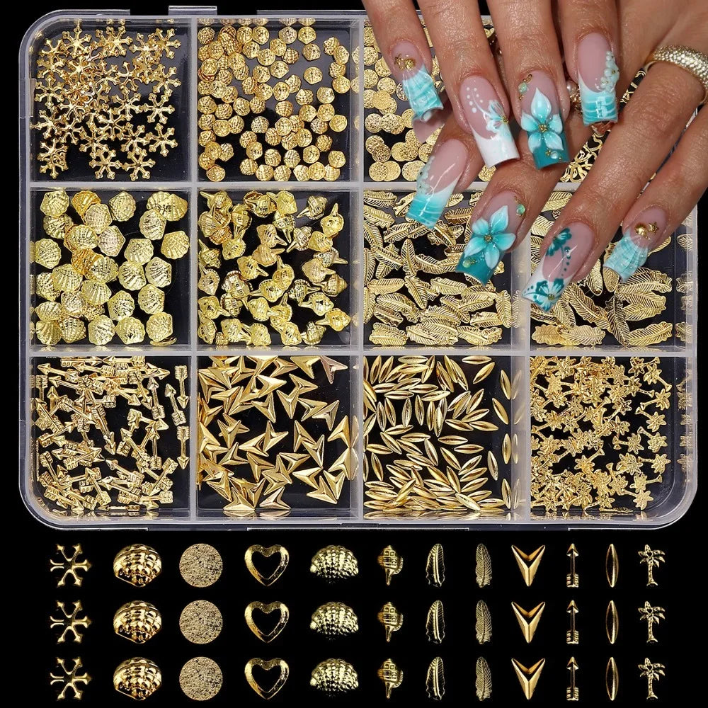 3D Ocean Metal Nail Art Studs – 12 Shapes Gold & Silver Charms