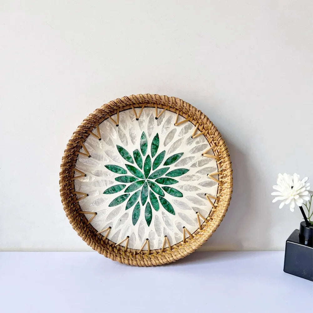 Shell Mosaic Round Woven Rattan Tray | Boho Home Decor