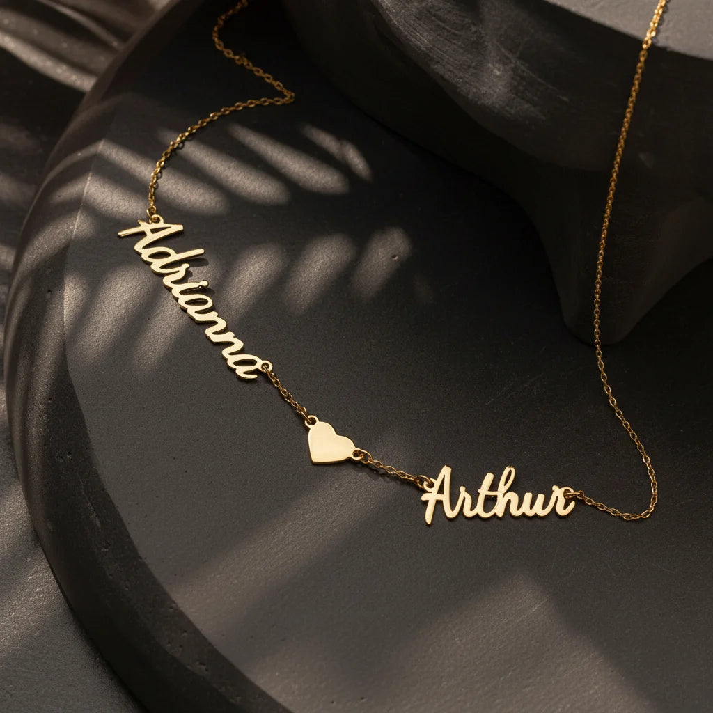 Custom Double Name Heart Necklace | 18K Gold Plated Choker