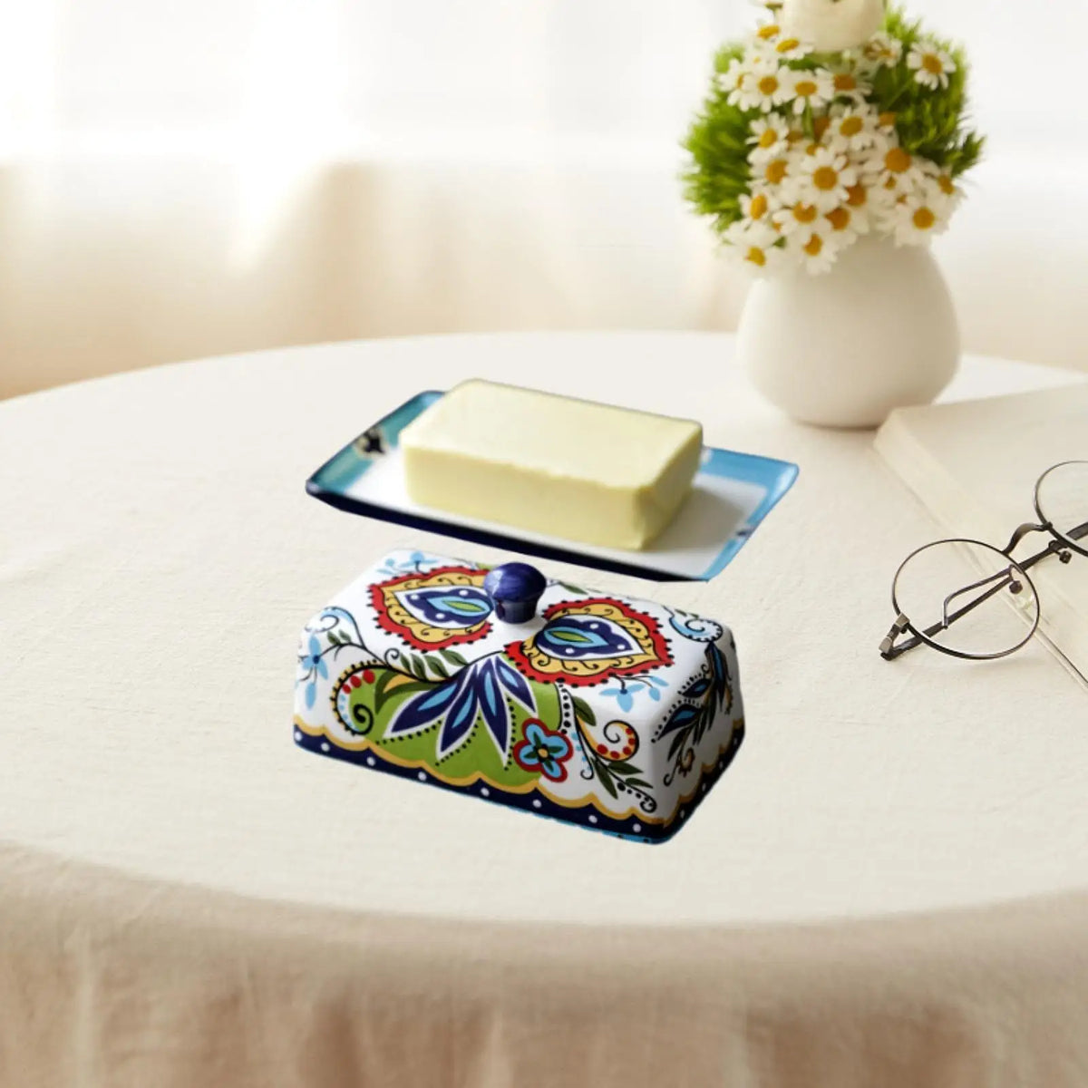 Elegant Porcelain Butter Dish with Lid & Gold Handle