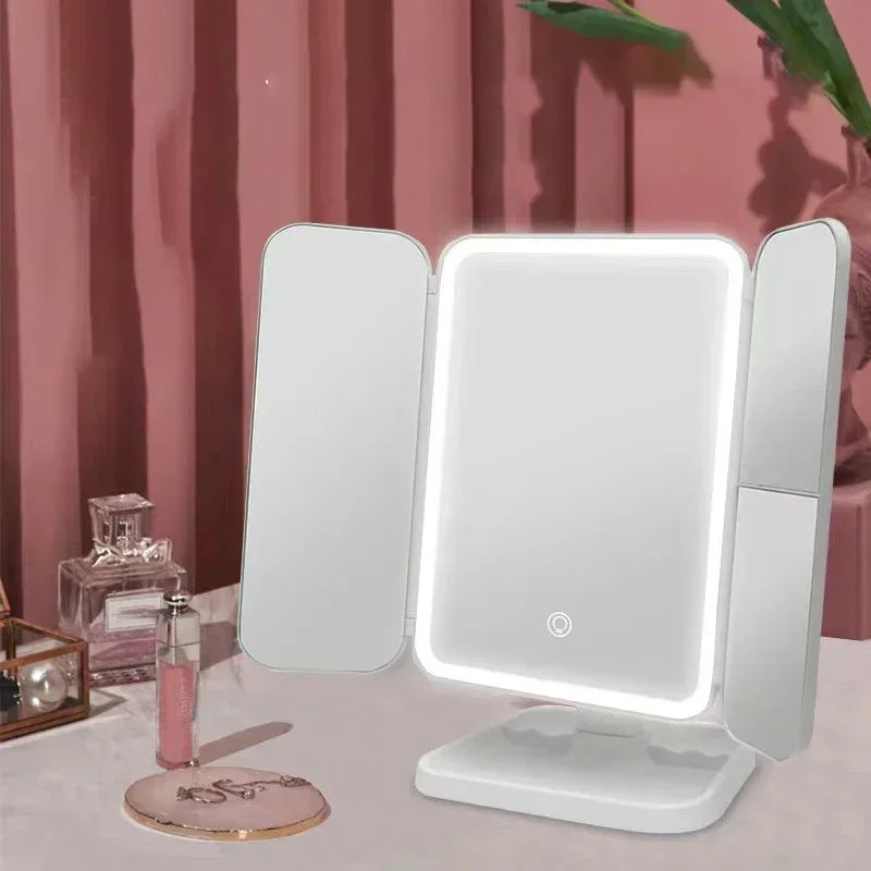 Trifold LED Makeup Mirror – Dimmable 3X/2X/1X Vanity Light