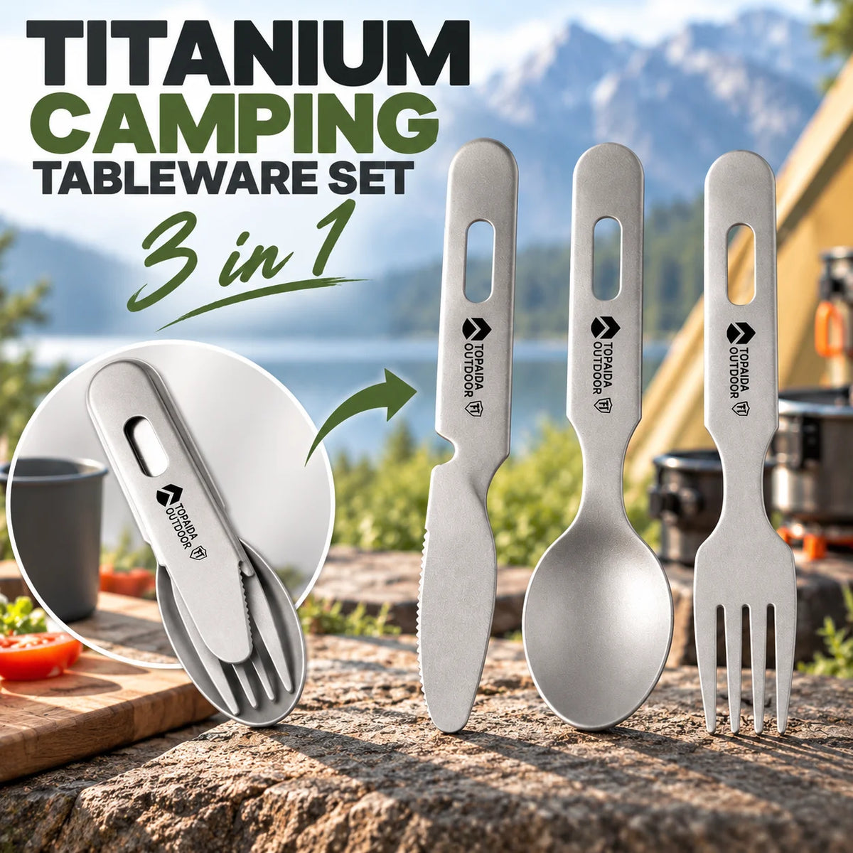 Titanium Camping Cutlery Set – Ultralight Fork Spoon Knife & Opener