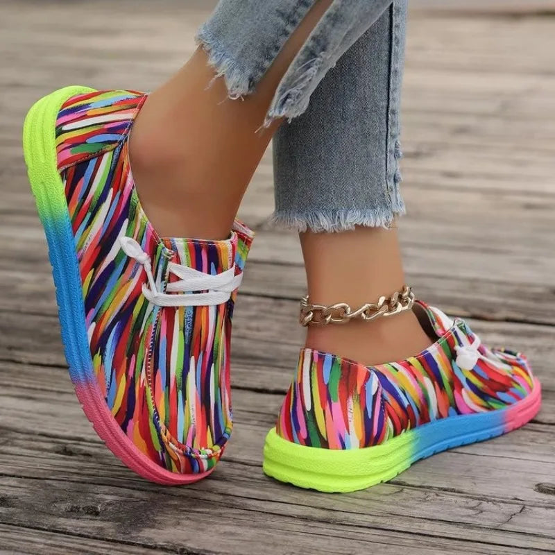 Women's Rainbow Canvas Flat Sneakers – Lace-Up Casual Shoes