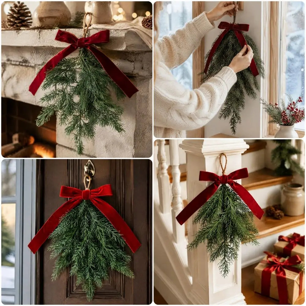 Red Velvet Bow Artificial Pine Branch Christmas Swag Ornament