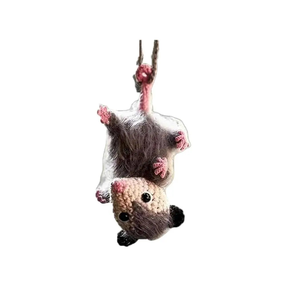 Crochet Opossum Car Charm – Handmade Knitted Rearview Mirror Pendant