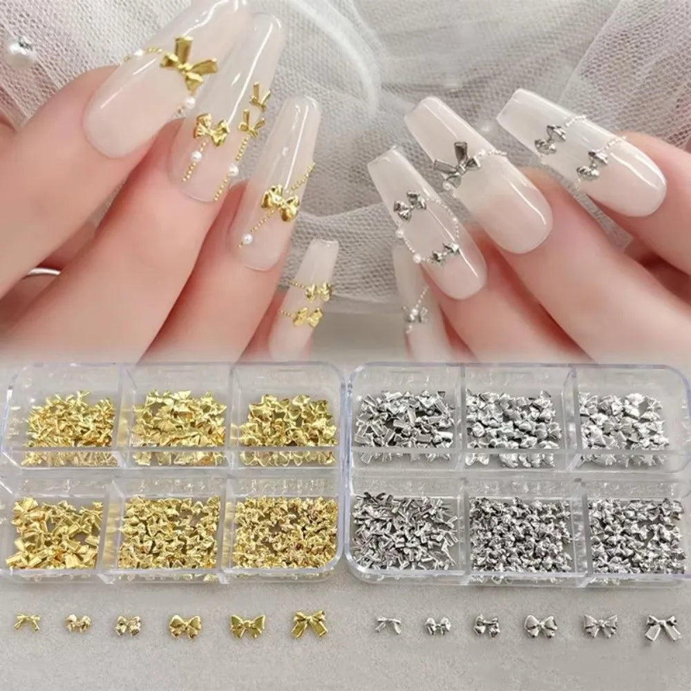 150 Pcs Alloy Nail Charms – Gold & Silver Mini Bow Nail Art