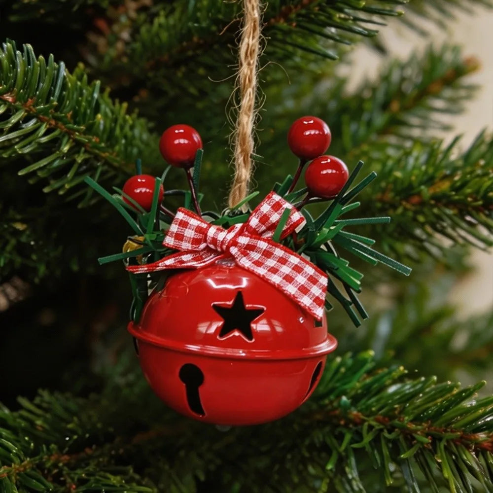 Metal Christmas Bell Ornament – Red Berries & Plaid Bow