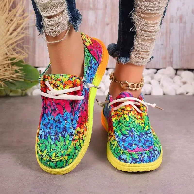 Women's Rainbow Canvas Flat Sneakers – Lace-Up Casual Shoes