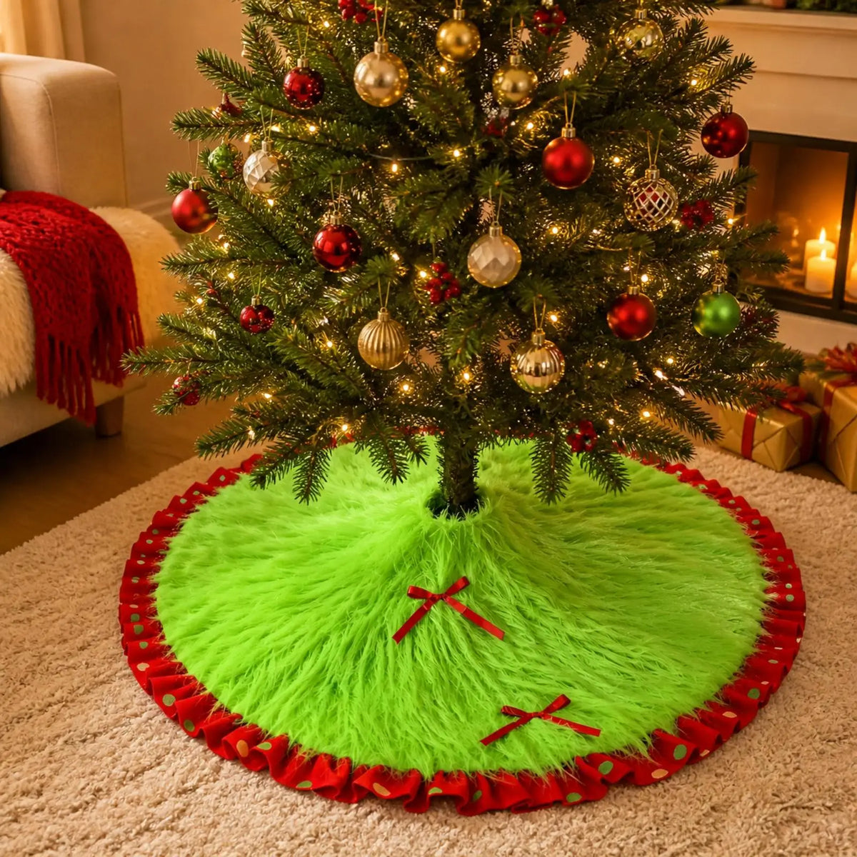 Round Plush Christmas Tree Skirt – Soft Furry Mat with Red Bows