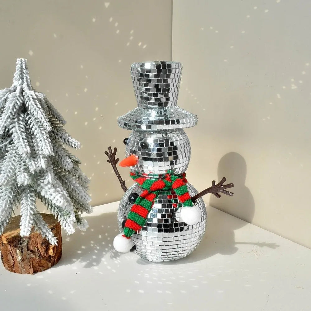 Silver Mirror Disco Ball Snowman Ornament with Knitted Scarf