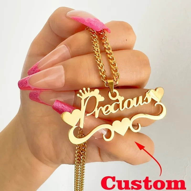 Custom Name Necklace Gold Plated – Heart Crown Pendant