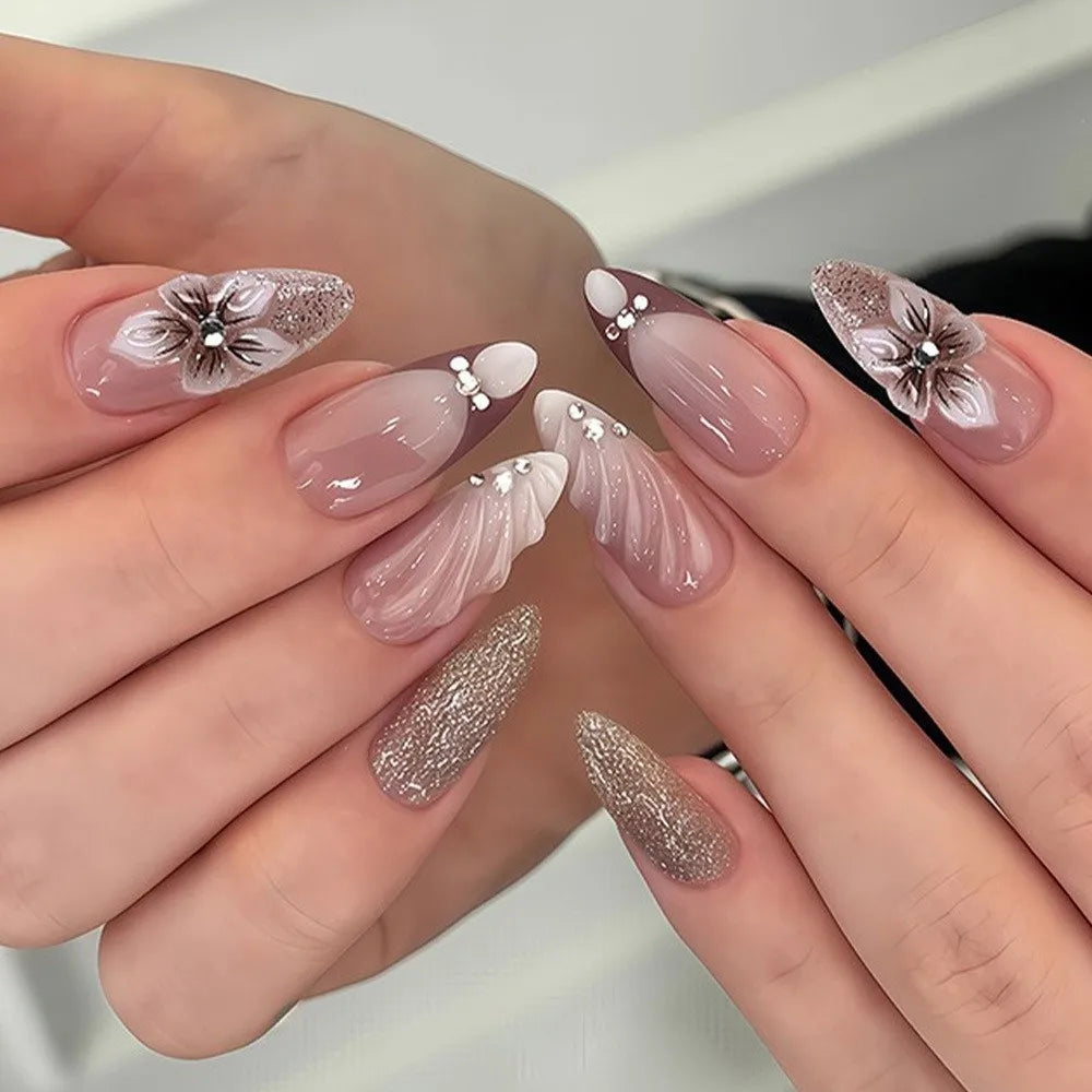 24-Pack French Almond Press On Nails – Pink Flower Full Cover